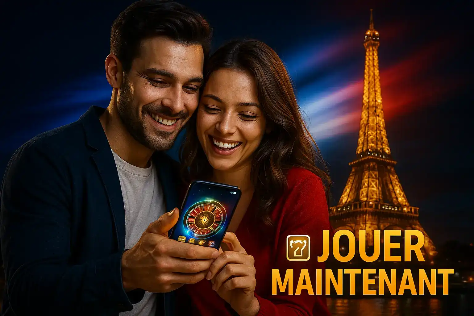 Jouez maintenant aux jeux de casino en ligne Fatboss. Un couple heureux regarde un jeu de roulette sur un smartphone, avec la Tour Eiffel illuminée en arrière-plan. L'image vous invite à rejoindre le casino Fatboss.
