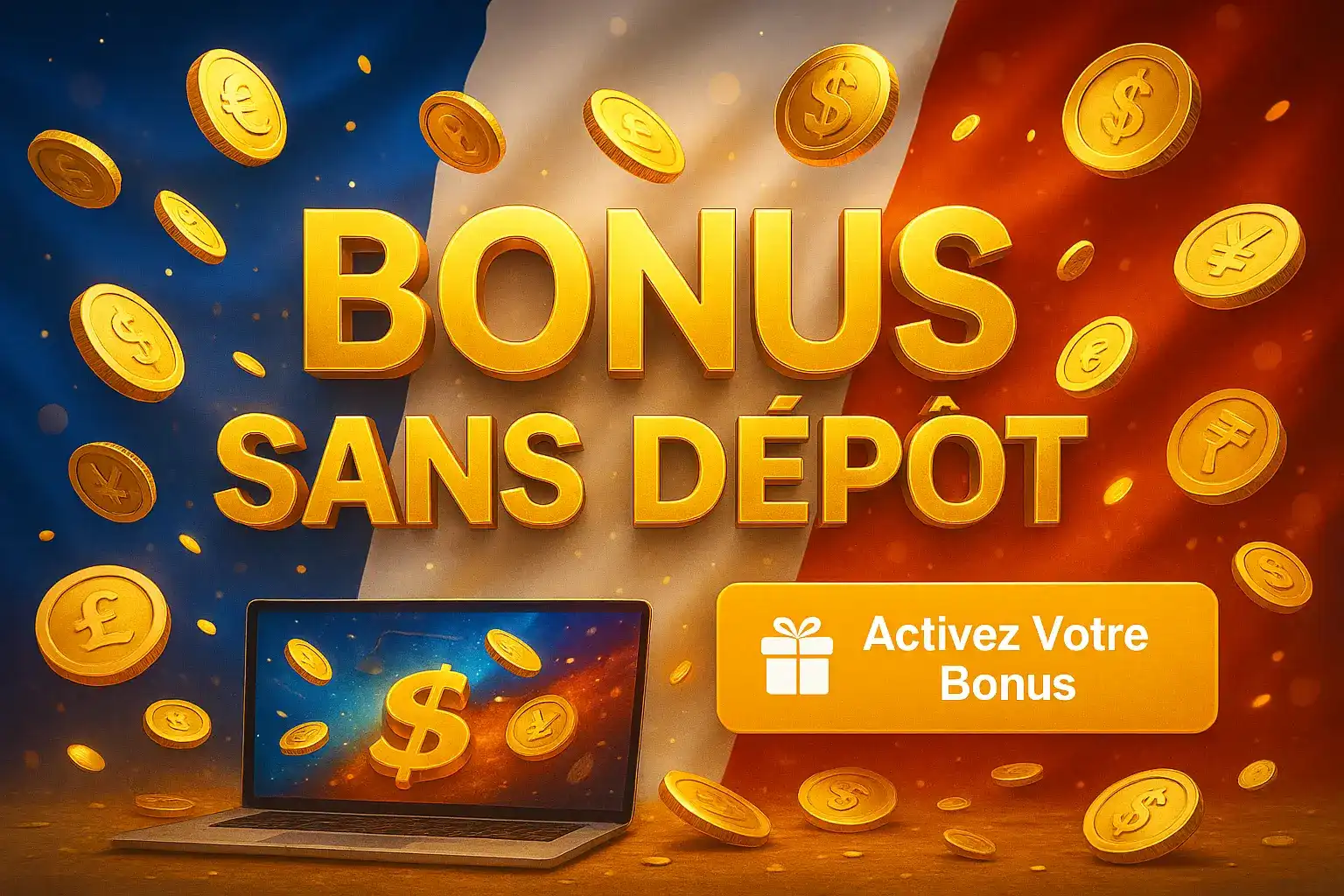 Activez votre bonus sans dépôt exclusif sur Fatboss. Bannière promotionnelle pour le bonus sans dépôt de Fatboss, avec des pièces d'or flottantes et un ordinateur portable sur un fond aux couleurs du drapeau français.