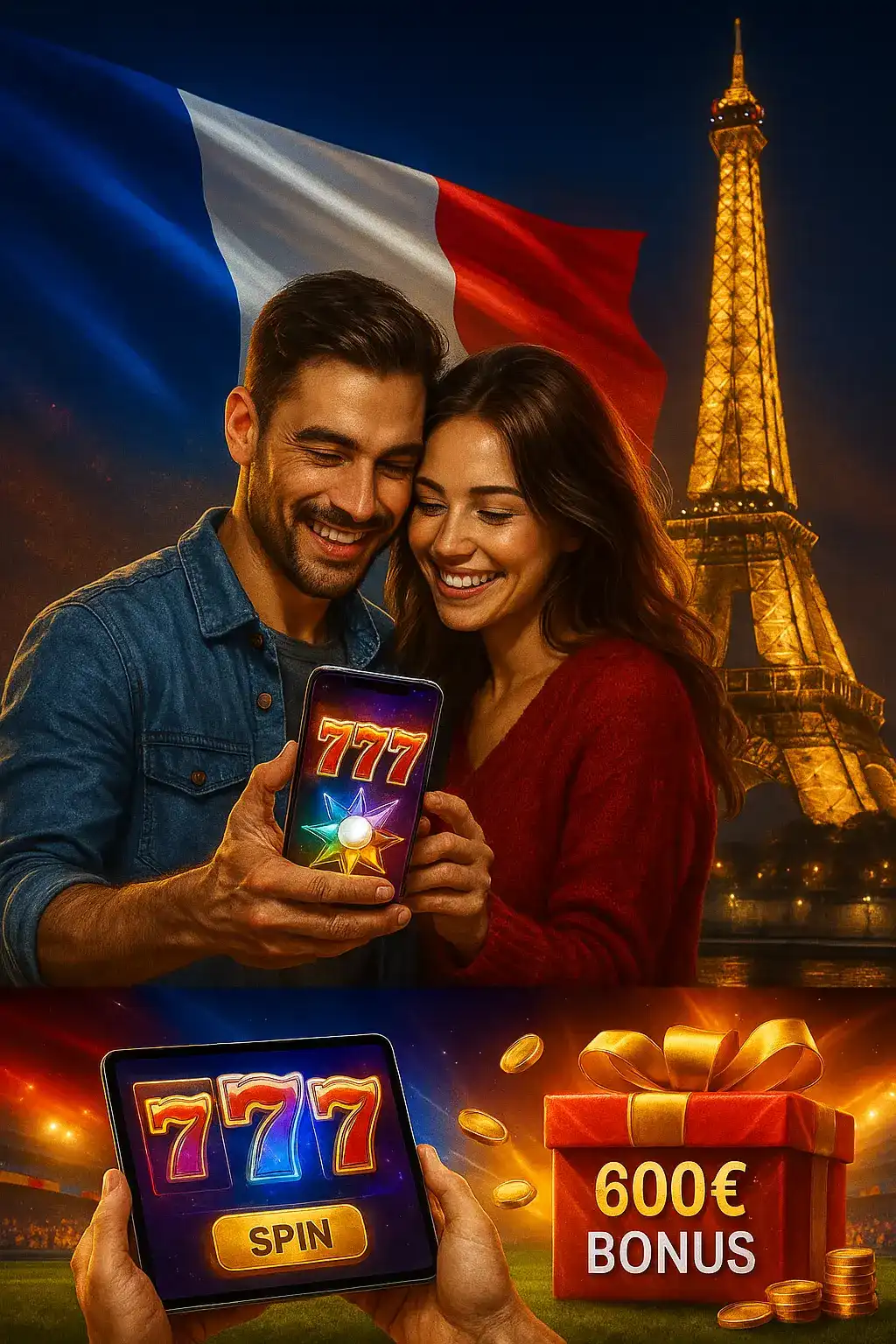 Profitez d'un bonus de bienvenue de 600€ sur Fatboss. Collage promotionnel de Fatboss montrant un couple à Paris, des icônes de machines à sous 777 et un cadeau bonus de 600€ pour les nouveaux joueurs français.